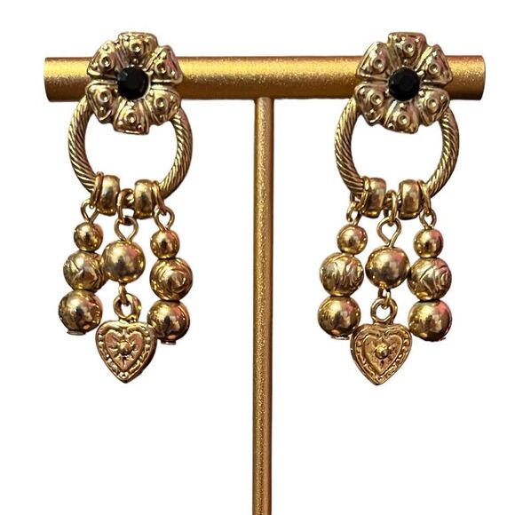 Gold Tone Flower Heart Dangle Earrings - Picture 1 of 4